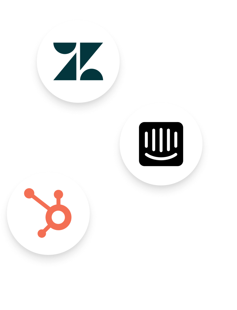 The Zendesk, Intercom, and Hubspot logos in white circle backgrounds